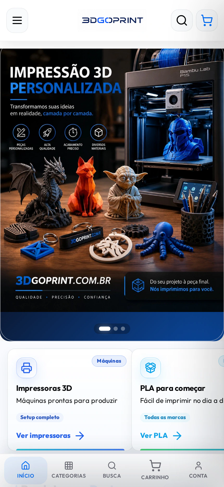 Página inicial do e-commerce 3D GO PRINT