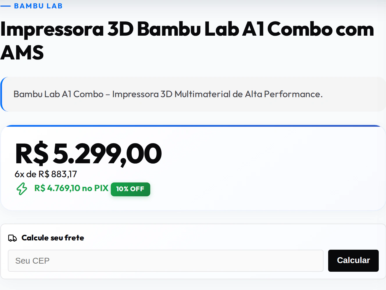 Página da impressora 3D Bambu Lab A1 Combo com AMS