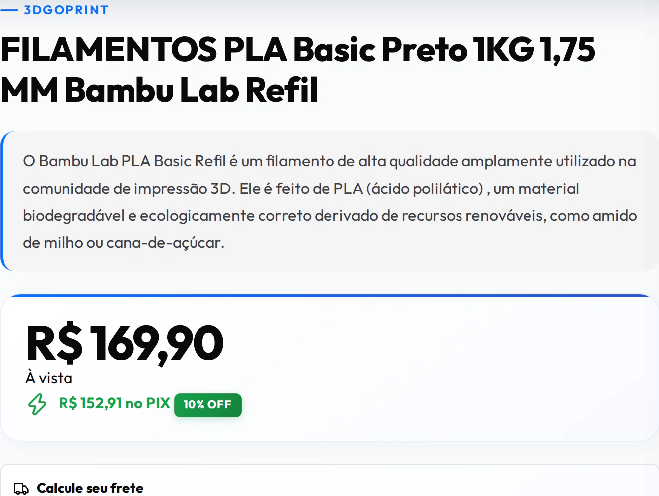 Página do filamento PLA Basic Preto Bambu Lab