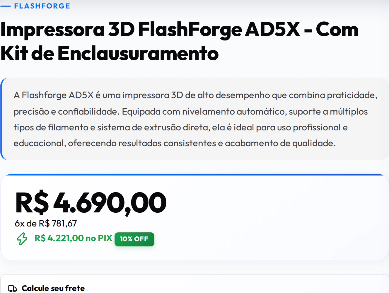 Página da impressora 3D FlashForge AD5X