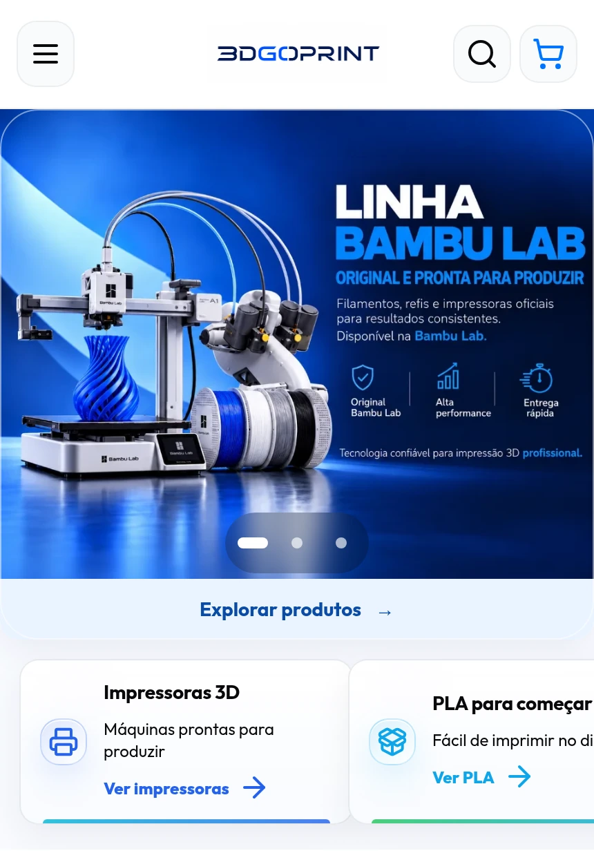 Página inicial da 3D GO PRINT na versão para celular